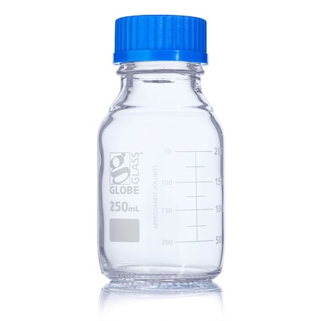 Globe Scientific Bottle, Media, Globe Glass, 250mL, GL45 Screw Cap, Dual Graduations, 10/Box 8100250